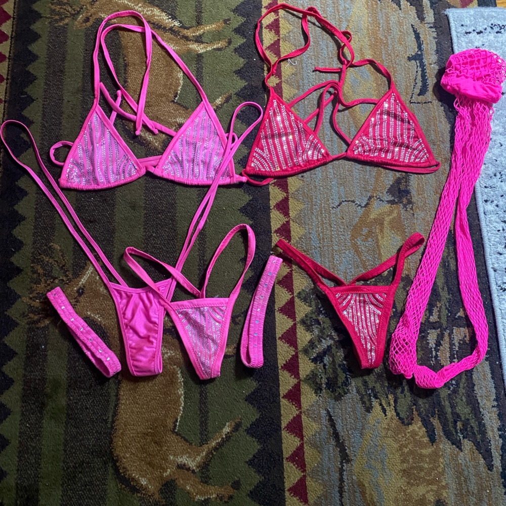 Cirilla's Hot Pink and Red Dancewear Sets with Garters and Hot Pink Fishnets